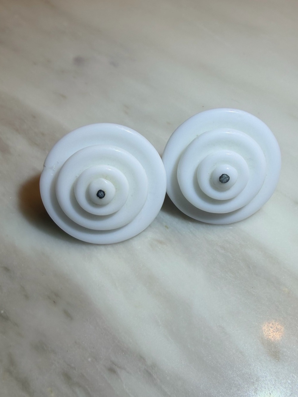Vintage West Germany Milk Glass Earrings Mid Century Tiered Swirl Beehive Brass